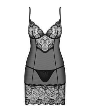 Сорочка Obsessive Alluria chemise & thong, L/XL, чорна, мереживо+мікросітка, стрінги в комплекті SX1123 фото