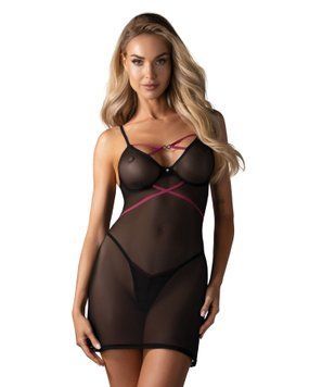 Пеньюар Obsessive Novenes chemise & thong, M/L, обтислий, прозорий, зі стрепами, стрінги в комплекті SX0620 фото