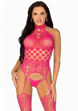 Мереживний бодістокінг з відкритим доступом Leg Avenue High neck lace bodystocking One size Raspberr SO8572 фото