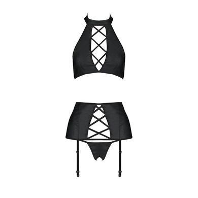Комплект з еко-шкіри з імітацією шнурівки Passion NANCY SET L/XL black топ, трусики, пояс для панчіх SO5373 фото