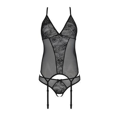 Корсет із пажами, трусики з ажурним декором та відкритим кроком Passion URSULA CORSET XXL/XXXL black SO5837 фото