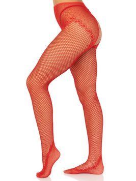 Стрип-колготки Leg Avenue Crotchless Net Tights with Heart Backseam, One Size, червоні, з доступом SX1052 фото